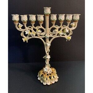 Hanukkah Menorah Floral Design Jeweled Accents White Enamel Marked Karshi(?)